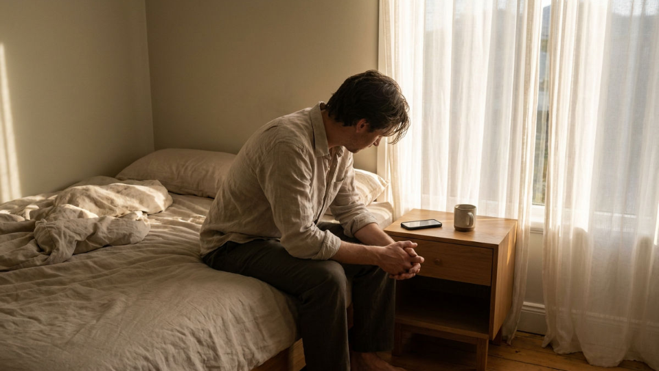 Mann sitzt nachdenklich im Bett, während er sein Handy betrachtet, Thema: digitale Hypersexualität.