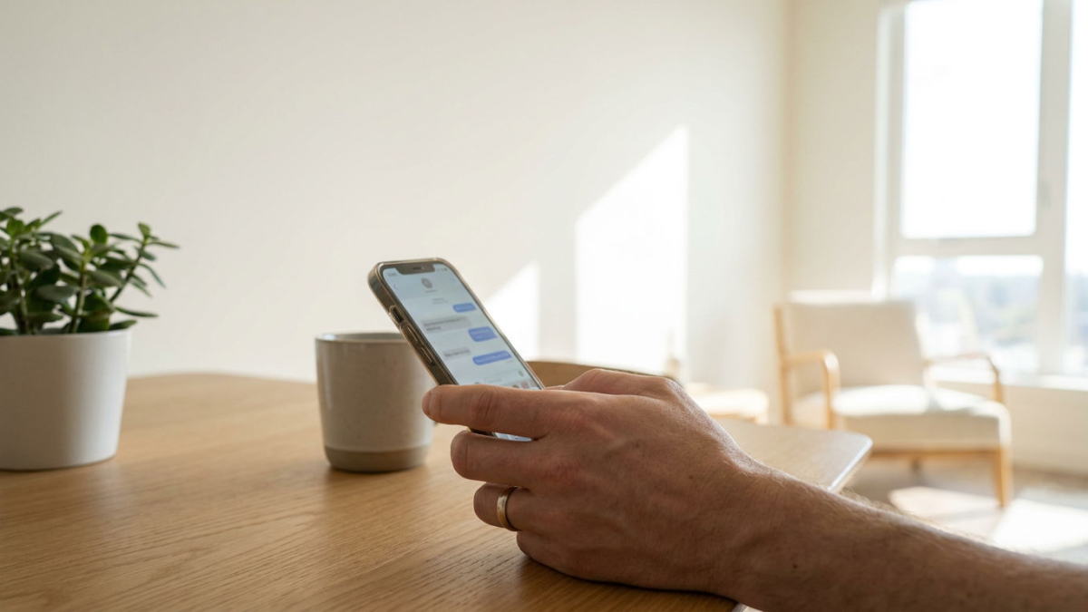 Eine Hand hält ein Smartphone, auf dem Nachrichten eines KI-Begleiters angezeigt werden.