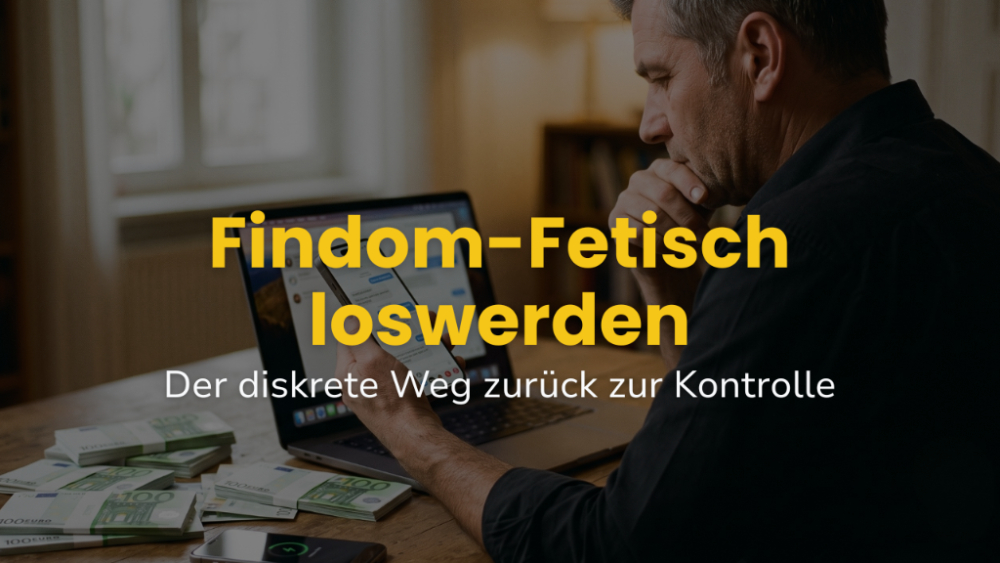 Ein Mann sieht auf sein Smartphone und denkt nach, während Geldscheine auf dem Tisch liegen. Findom-Fetisch loswerden.