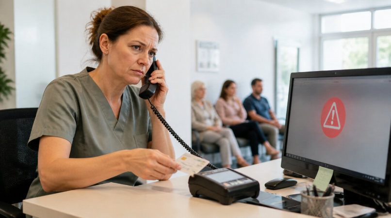 Sprechstundenhilfe am Telefon mit PVS-Ausfall-Symbol auf dem Bildschirm.