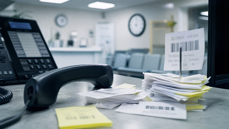 Büroaufnahme mit Telefon und Stapel von Dokumenten zur IT in Arztpraxis.
