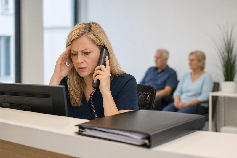 Gestresste Mitarbeiterin im Arztbüro am Telefon mit IT-Support.
