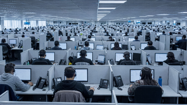 Ein Großraumbüro mit vielen Mitarbeitern, die in der Konzern-IT für Arztpraxen arbeiten.