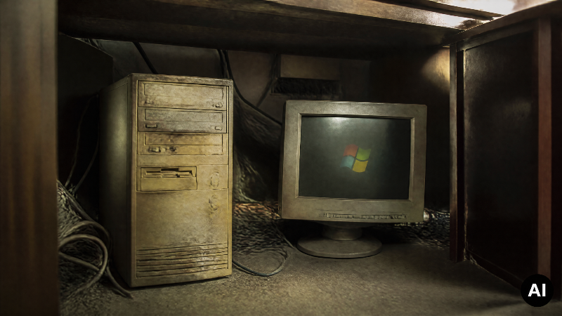 Alter Computer und Monitor unter einem Tisch, symbolisiert die IT-Kontrolle beim Praxiskauf.