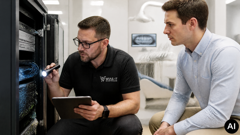 IT-Kontrolle beim Praxiskauf zeigt einen Techniker, der Server prüft.