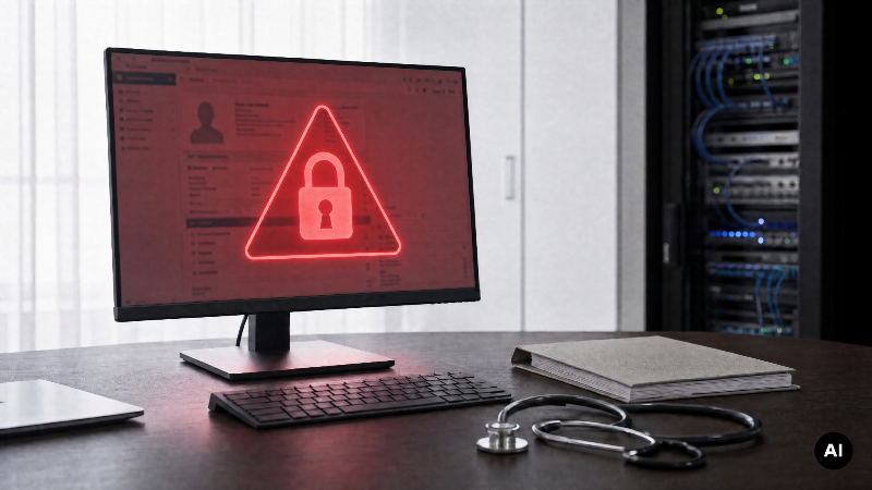 Ein Computerbildschirm zeigt ein Warnsymbol für schlechte IT in der Arztpraxis.