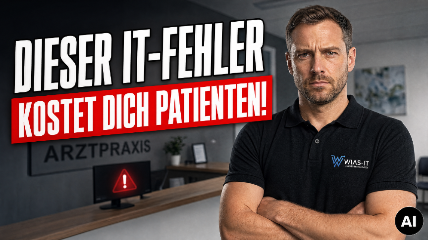 Mann in Arztpraxis zeigt auf IT-Probleme, die Patienten kosten.
