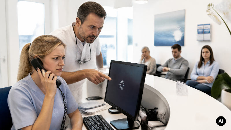IT-Dienstleister wechseln: Mitarbeiter in einer Zahnarztpraxis diskutieren am Computer.