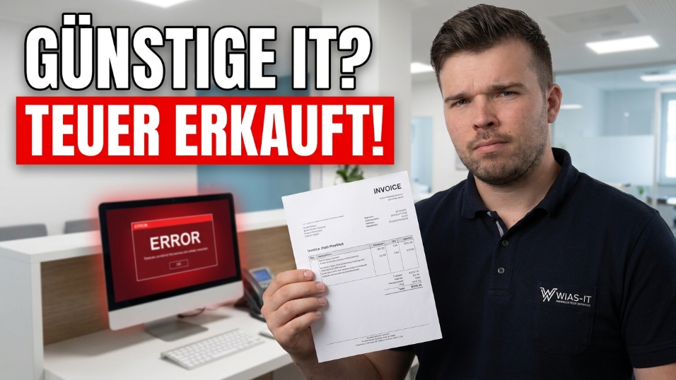 Mann zeigt eine Rechnung für IT-Dienstleistungen mit der Überschrift "günstige IT? teuer gekauft".