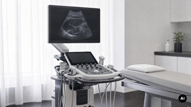 Ultraschallgerät im Untersuchungsraum, repräsentiert gute IT für Behandlungsqualität.