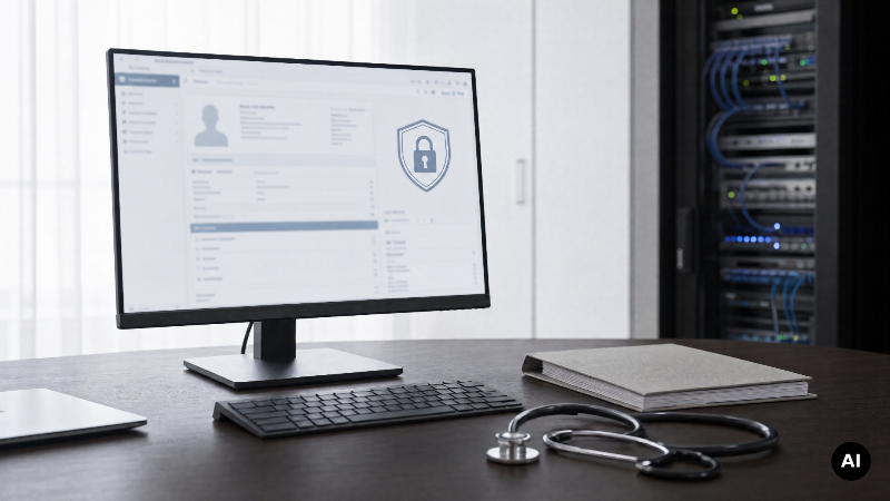Ein Bildschirm zeigt IT-Sicherheit mit Datenschutzsymbol, neben einem Stethoskop.
