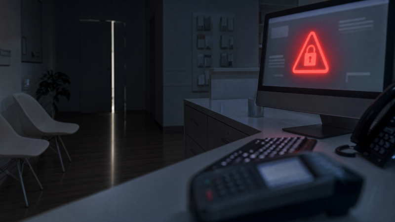 Ein gesperrter Computer in einer Arztpraxis zeigt ein Warnsymbol wegen Cyberangriff.