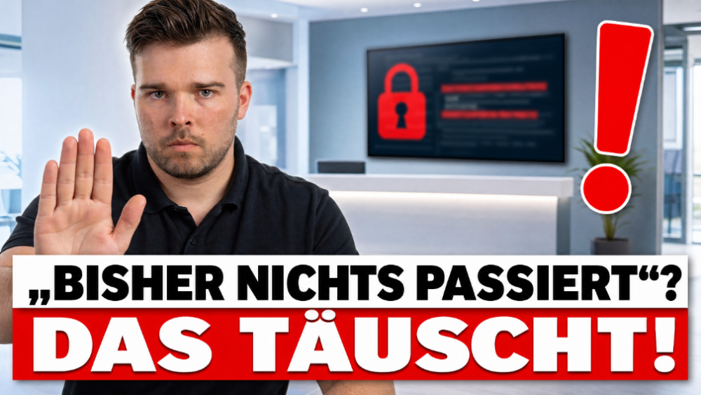 Mann mit erhobener Hand warnt vor Cyberangriff: Bisher nichts passiert, das täuscht!