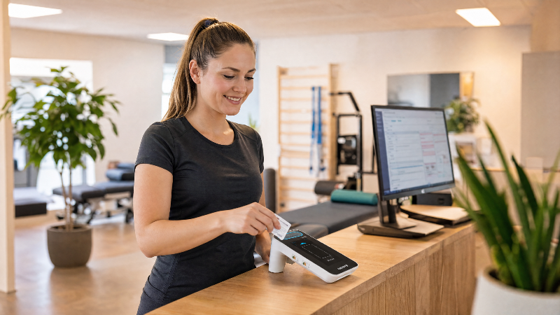 Mitarbeiterin in einer Physiotherapie-Praxis nutzt die Telematikinfrastruktur.