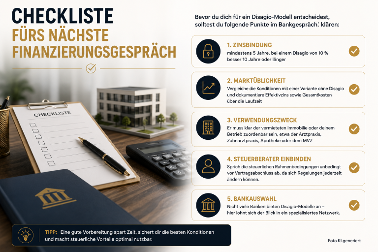 Checkliste für das nächste Finanzierungsgespräch zur Darlehensstruktur und Steuern sparen.