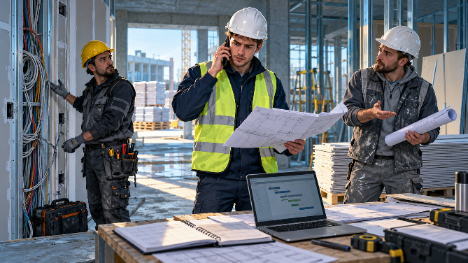 Bauleiter bespricht mit zwei Bauarbeitern Baupläne auf einer Baustelle; ein Arbeiter telefoniert.