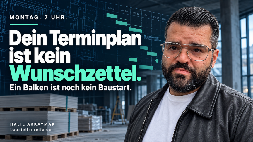 Mann auf der Baustelle erklärt, dass ein Terminplan kein Wunschzettel ist.