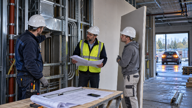 Drei Bauarbeiter besprechen einen Bauplan vor einer Installationswand – ein Beispiel für gute Baustellenkommunikation.