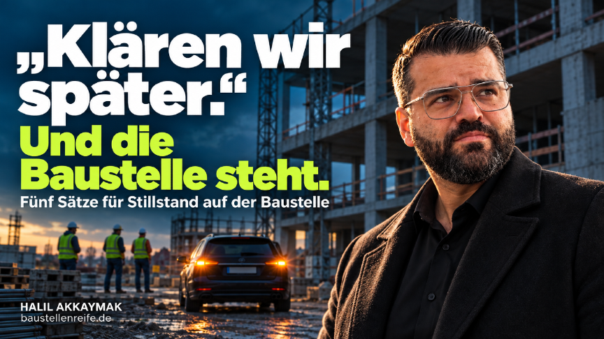 Ein Bauleiter steht vor einer Baustelle mit warnblinkendem Auto – Baustellenstillstand durch ungeklärte Fragen.