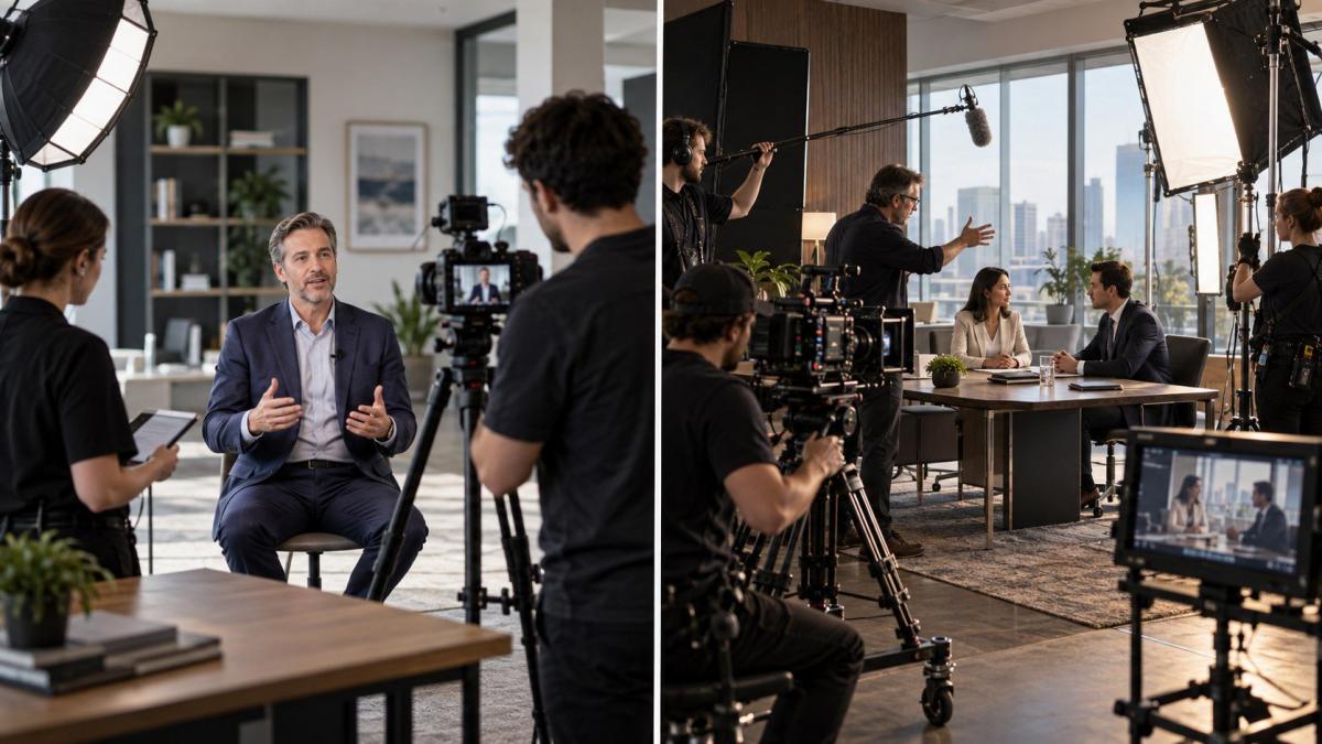 Professionelle Videoproduktion im Büro mit einem Interviewpartner und einem Team.