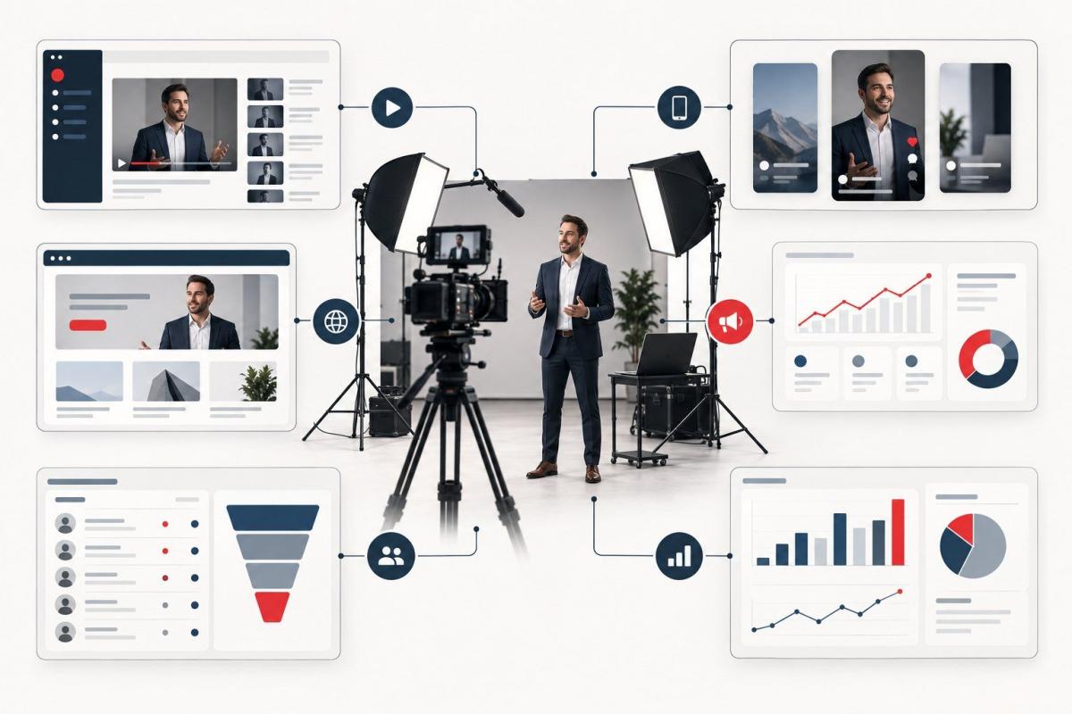 Ein Video-Produktionsprozess mit YouTube-Agentur, Grafiken und Aufnahmen.