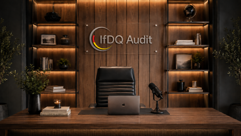 Schreibtisch im Büro mit Laptop und Mikrofon für Datenschutz Audit.