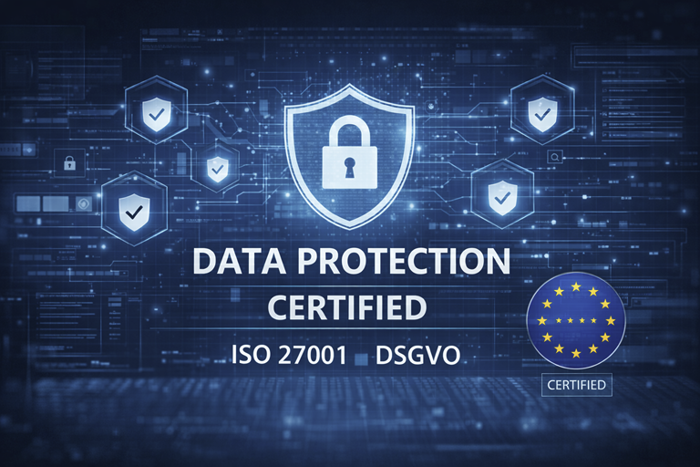 Grafik zur Datenschutz Zertifizierung mit einem Schutzschild und EU-Logo.