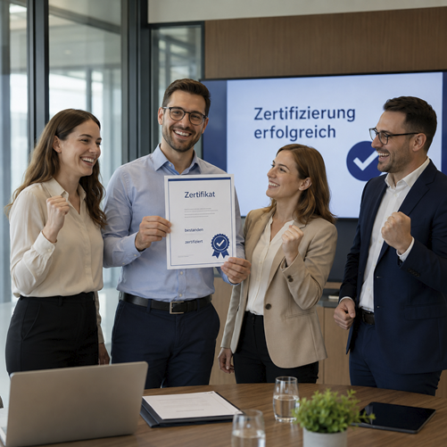Gruppe von Personen feiert die erfolgreiche AZAV-Zertifizierung in einem modernen Büro.