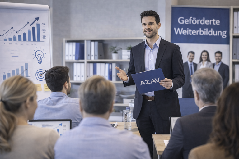 Ein Trainer erklärt die AZAV Weiterbildung während einer Präsentation.