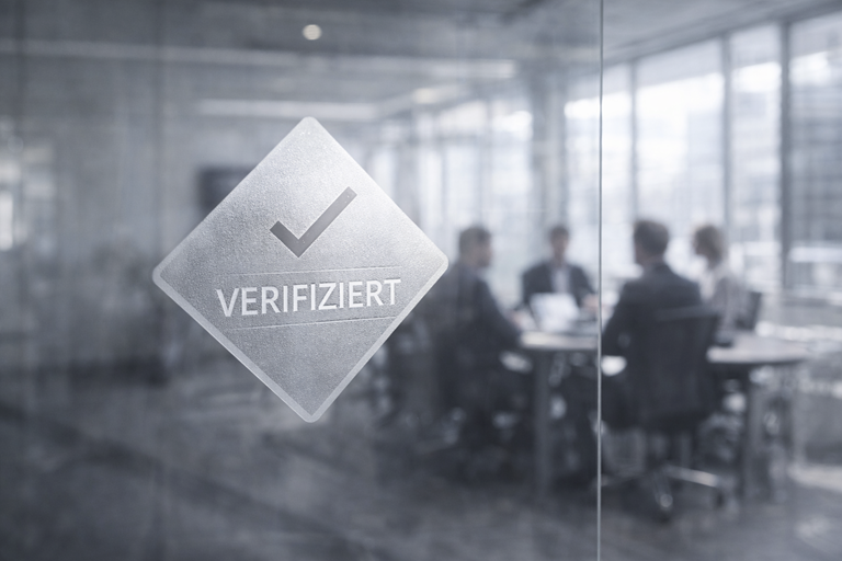 Ein verifiziertes Schild zeigt den Schriftzug 'VERIFIZIERT' in einem modernen Büro.