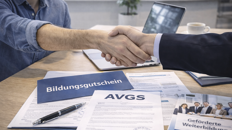 Zwei Personen schließen einen Vertrag für AZAV Weiterbildung mit Bildungsgutschein ab.