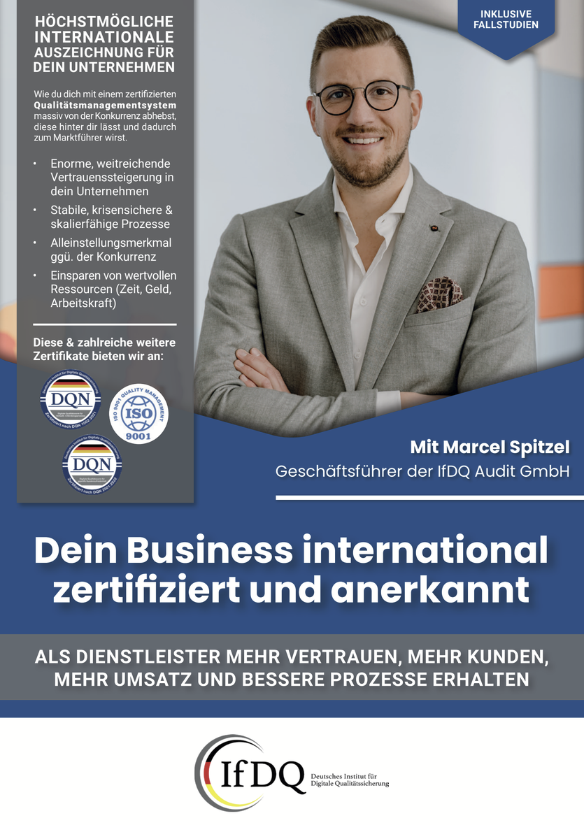 So wird dein Unternehmen zum Qualitätsanbieter mit einer internationalen Zertifizierung und einem TÜV-Siegel. Durch gesteigertes Vertrauen mehr Leads, höhere Abschlussquote und mehr Umsatz.