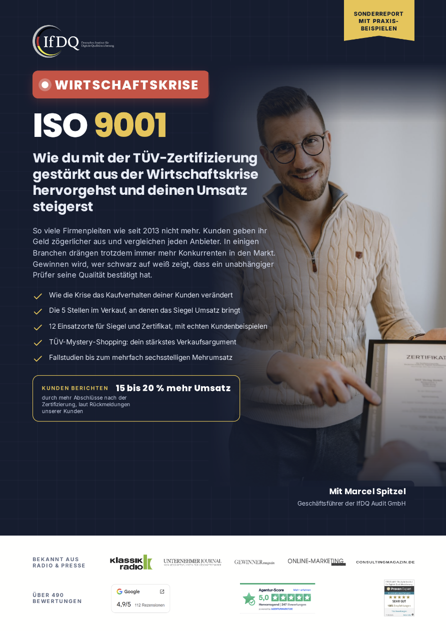 Wie du dein Unternehmen mit einer TÜV-Zertifizierung aus der Wirtschaftskrise stärker hervorgehen lässt, durch starker Positionierung und gesteigerter Conversion in Marketing und Vertrieb.