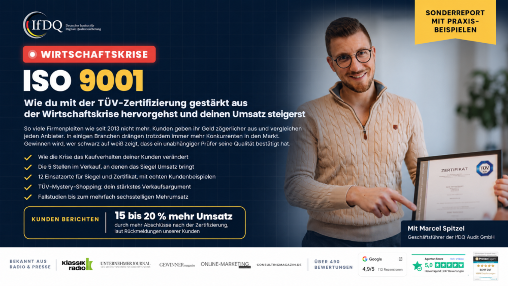 Wie du dein Unternehmen mit einer TÜV-Zertifizierung aus der Wirtschaftskrise stärker hervorgehen lässt, durch starker Positionierung und gesteigerter Conversion in Marketing und Vertrieb.