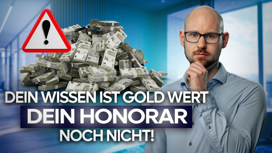 Der denkende Mann im Anzug zeigt auf einen Geldhaufen und thematisiert das Honorar als Sub-Gutachter.