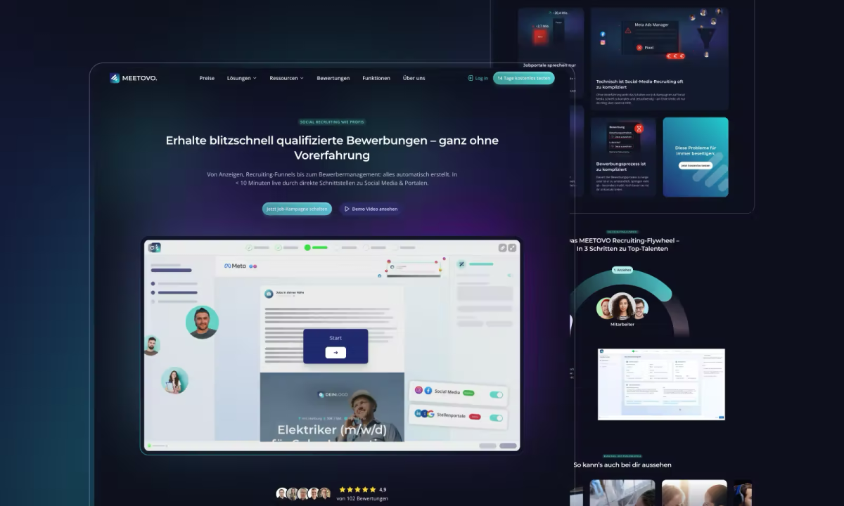 Die neue Website von dem SaaS-Unternehmen MEETOVO zeigt klar strukturiert, wie Social Recruiting ohne Vorerfahrung funktioniert: modern, verständlich und auf Conversion optimiert.