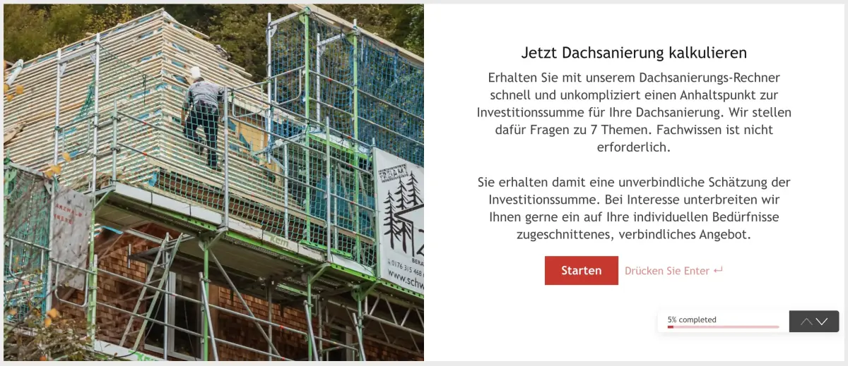 Beispiel: Kalkulator für Dachsanierungen bei der Schwarzwald Zimmerei GmbH