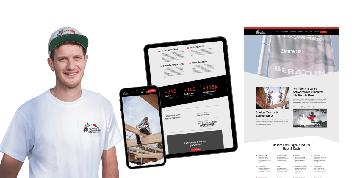 Marc Bühler (Geschäftsführer) mit der neuen Webseite der Schwarzwald Zimmerei GmbH