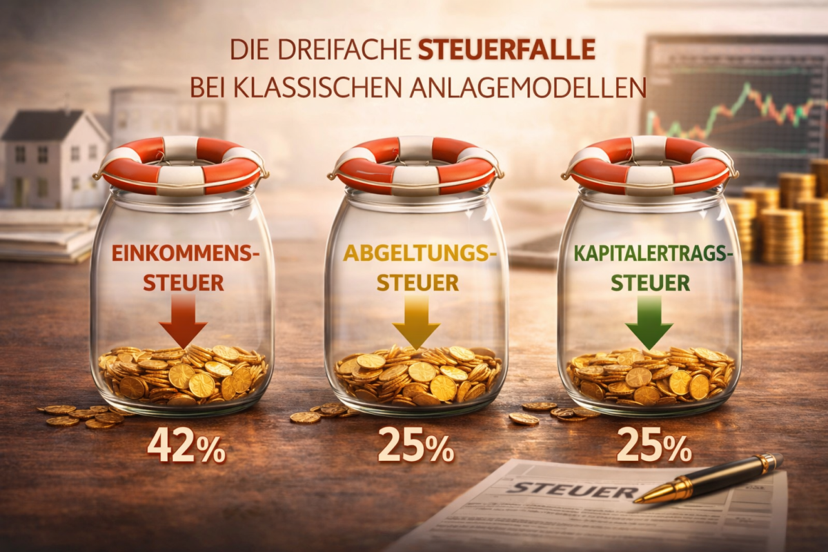Einkommensteuer und Steuern auf Kapitalerträge zehren an der Rendite von klassischen Anlagen.