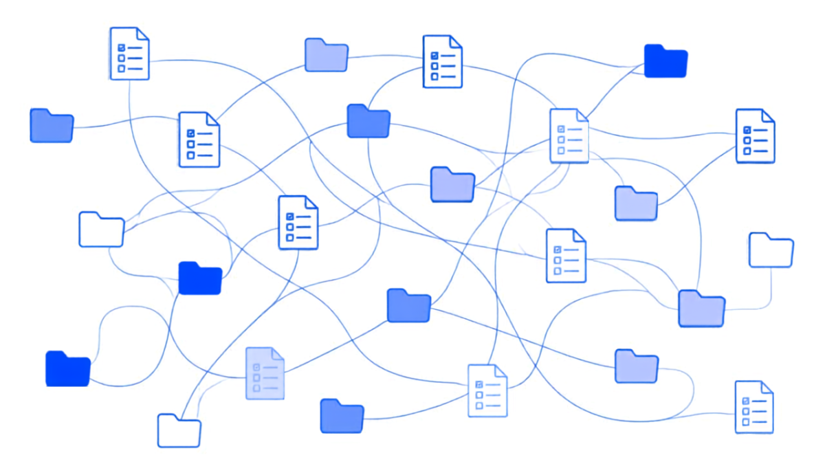 Grafische Darstellung eines Netzwerks von Dokumenten und Ordnern zur individuellen Betreuung und Standardisierung.