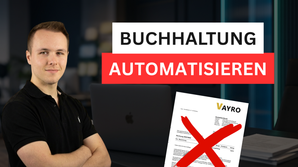 Eine Person präsentiert das Thema Buchhaltung automatisieren mit grafischen Elementen.