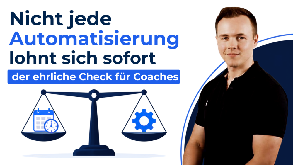 Grafik über KI-Automatisierung für Coaches mit Waage und Checkliste.