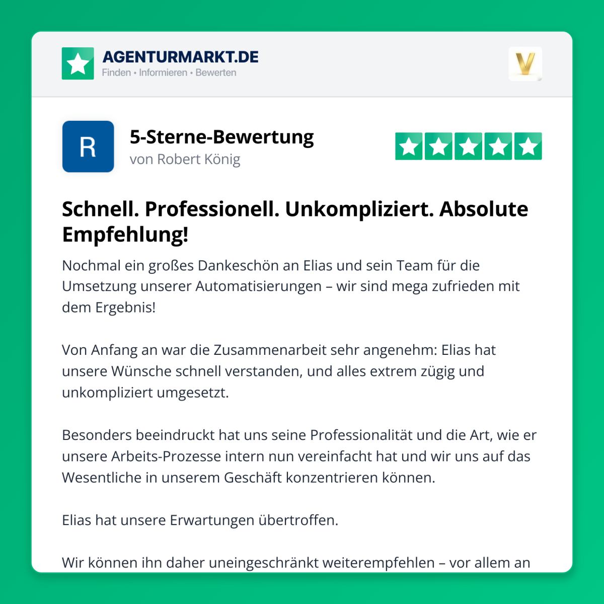 Positive Bewertung für das Coaching-Business von Elias mit Fokus auf Automatisierung.