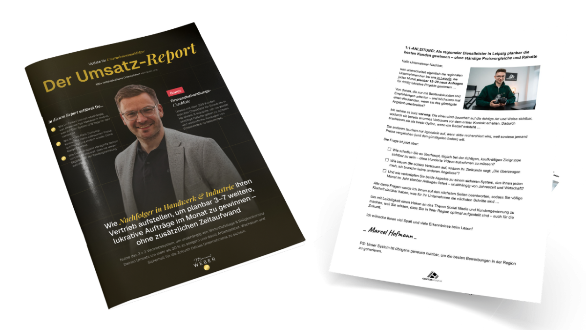 Salesletter mit dem Titel Umsatz-Report und einem Portrait des Verfassers.