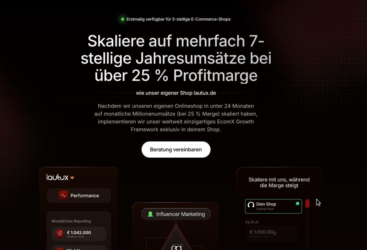 Landingpage mit dem Fokus auf mehrfach 7-stellige Jahresumsätze und Profitmargen.