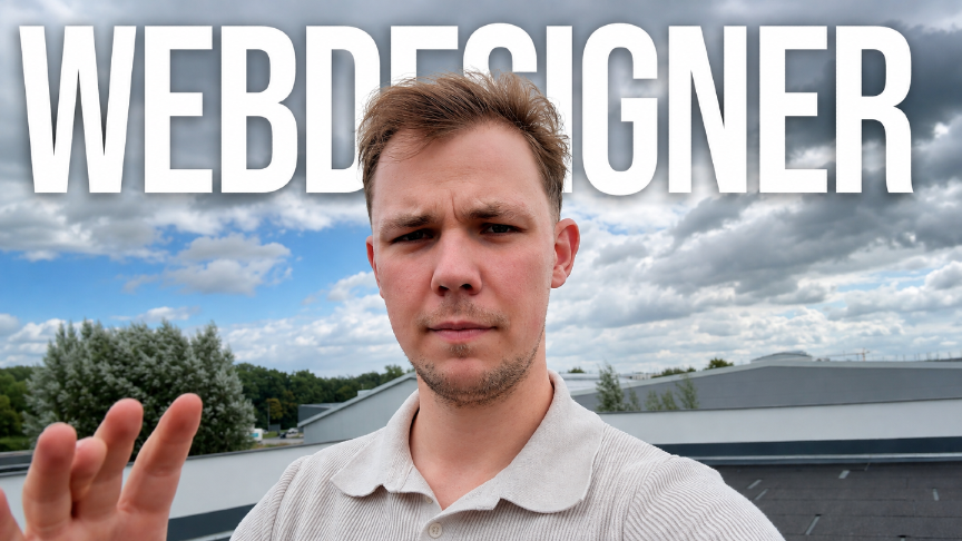 Ein Webdesigner zeigt selbstbewusst seine Arbeit zur Kundengewinnung.