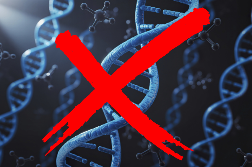 Manipuliertes Bild, das DNA-Stränge mit einem roten Kreuz zeigt, was genetische Gesundheit symbolisiert.