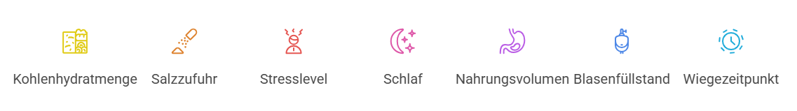 Symbole zur Erklärung von Gewichtsschwankungen und deren Ursachen.