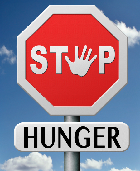 Ein Stoppschild mit der Aufschrift 'STOP' und darunter 'HUNGER', das das Keyword Hunger stoppen integriert.