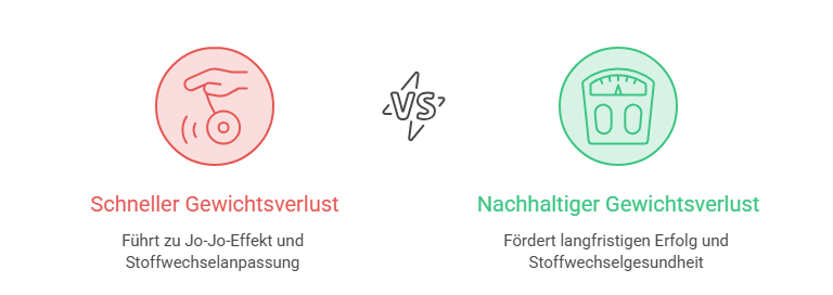 Vergleich zwischen schnellem und nachhaltigem Gewichtsverlust, mit Fokus auf Jo-Jo-Effekt.